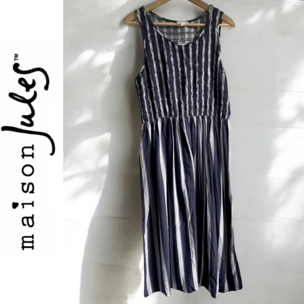 Maison Jules Navy & White Striped Cinched Sleeveless Dress, XL